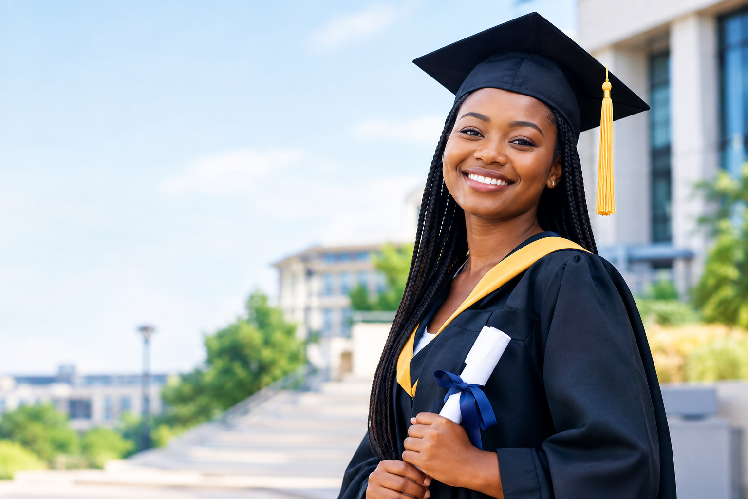 A smiling graduate holding a diploma on campus